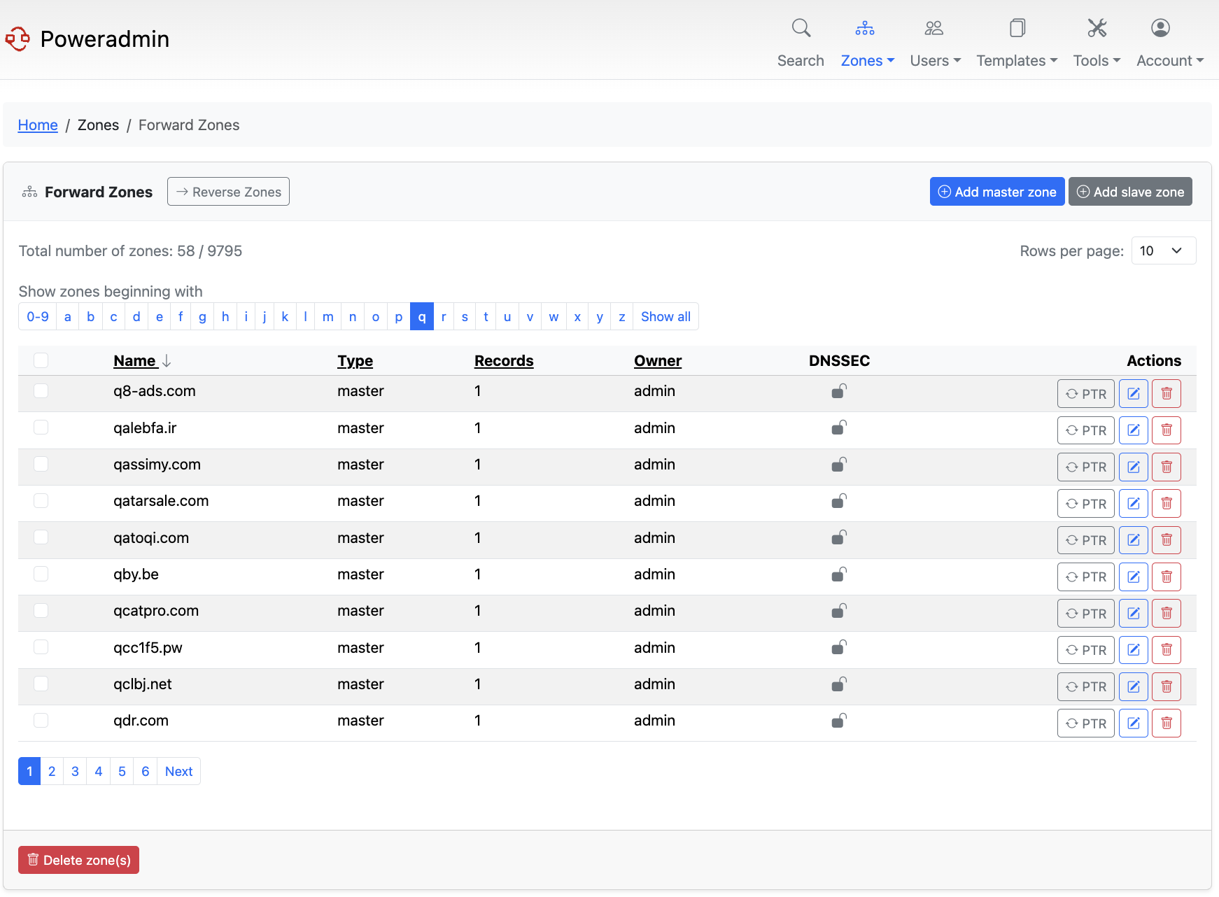 Zone list with sorting and filtering